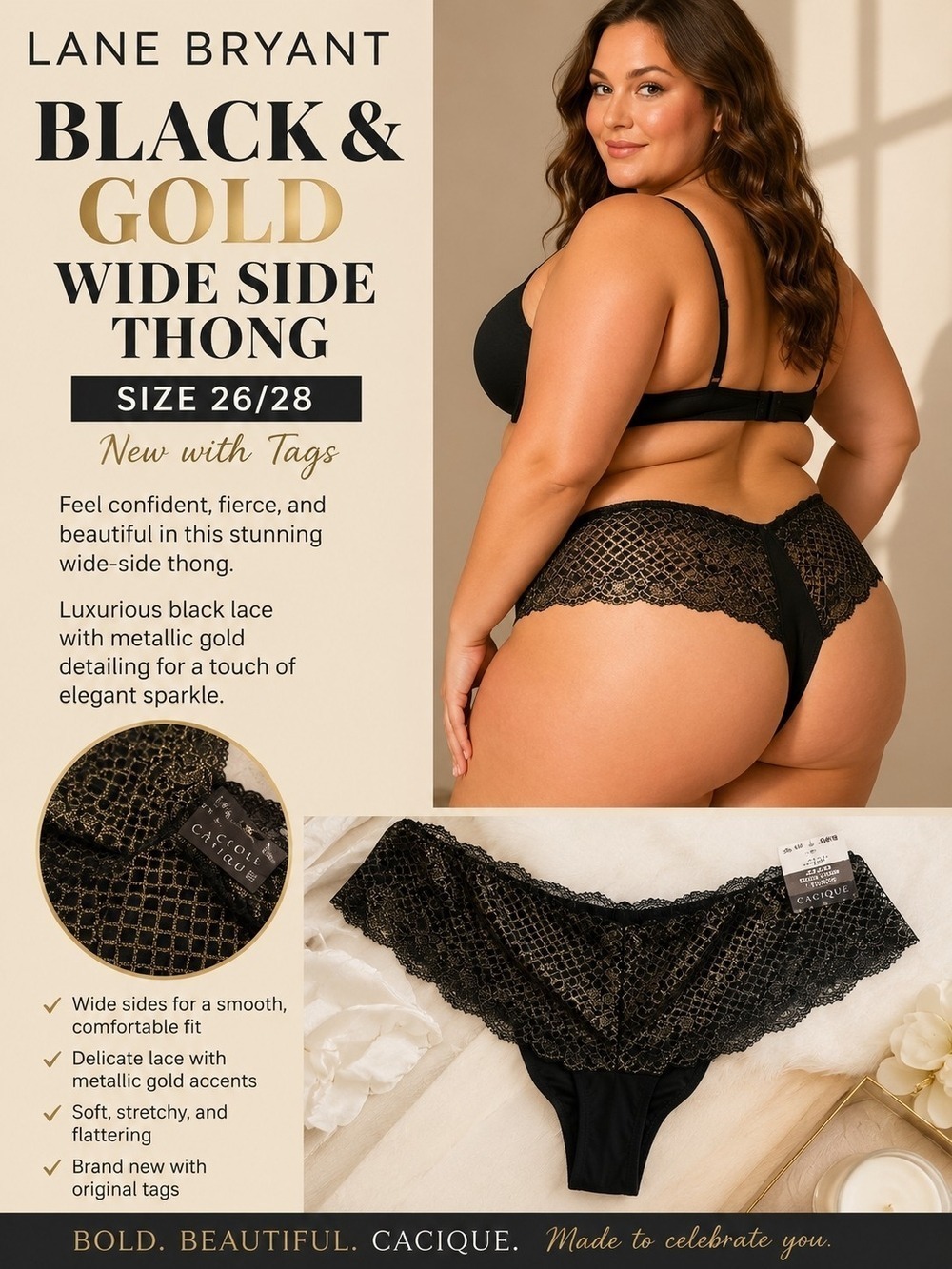 Lane Bryant Cacique - Black/Metallic Gold Wide Side Thong Size 26/28. NWT